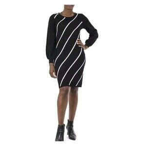 Nina Leonard Sweater Party Dress Size XL Black With White Stripes Stretch  B7